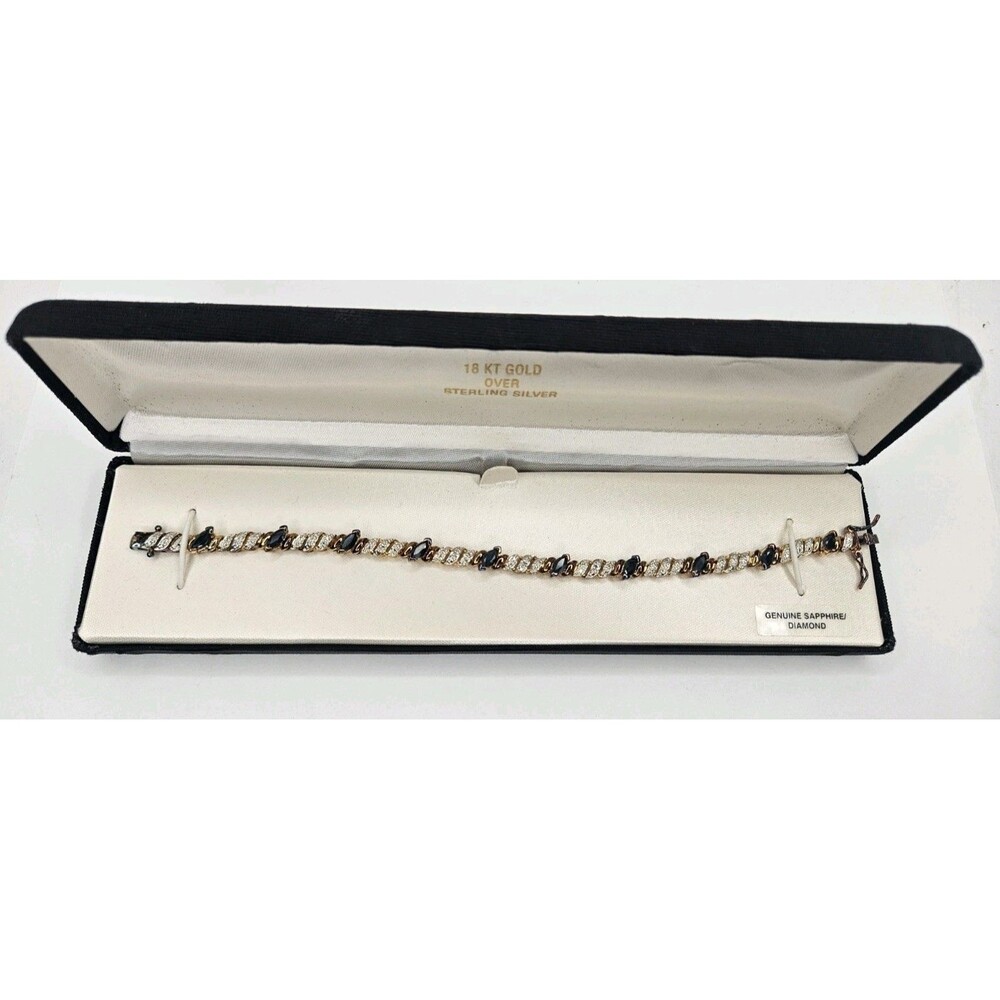 18kt Gold Over Sterling Silver Genuine Sapphire & Diamonds Tennis 7.2" Bracelet